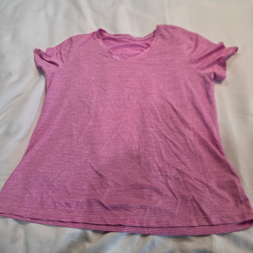 Athletic Works V-Neck Active Tee Womens L 12-14 Pink Excellent Space Dye Striped